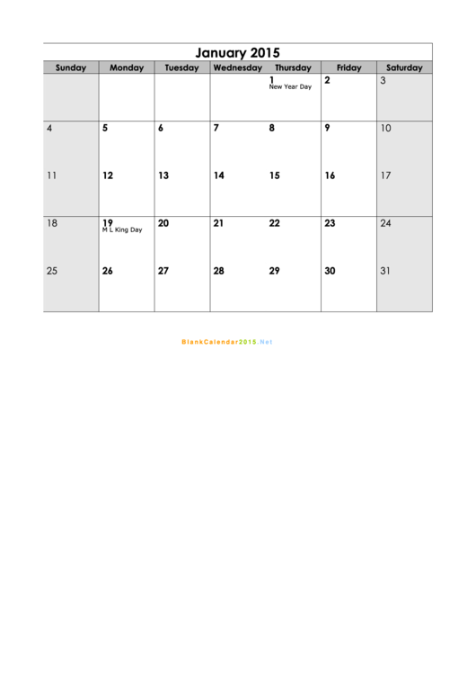 January 2015 Calendar Template printable pdf download