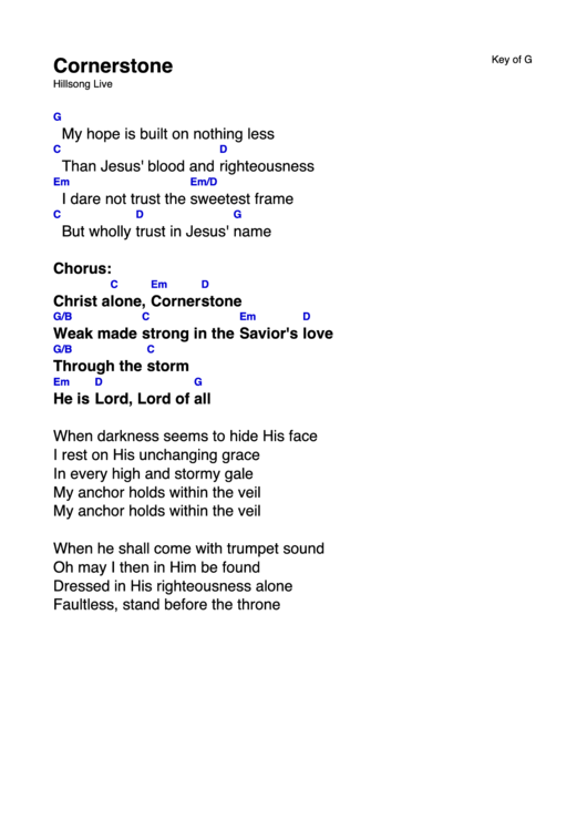 Cornerstone (Key Of G) Chord Chart printable pdf download