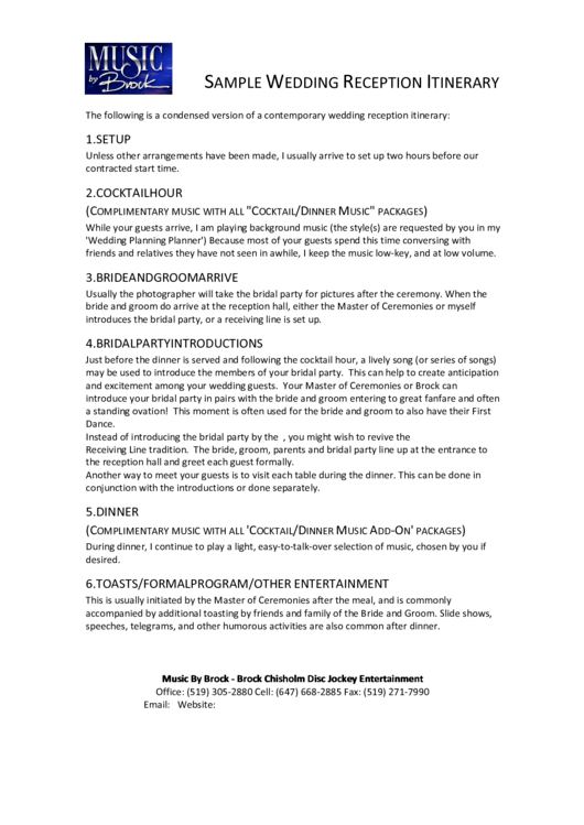 Sample Wedding Reception Itinerary printable pdf download