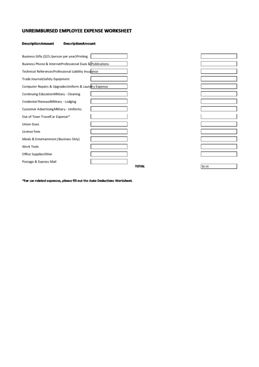 Fillable Unreimbursed Employee Expense Worksheet Template printable pdf download