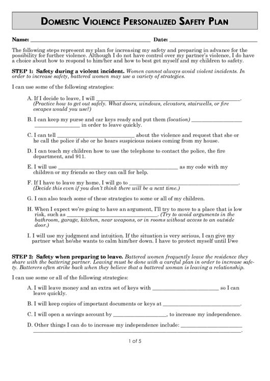 Domestic Violence Personalized Safety Plan printable pdf