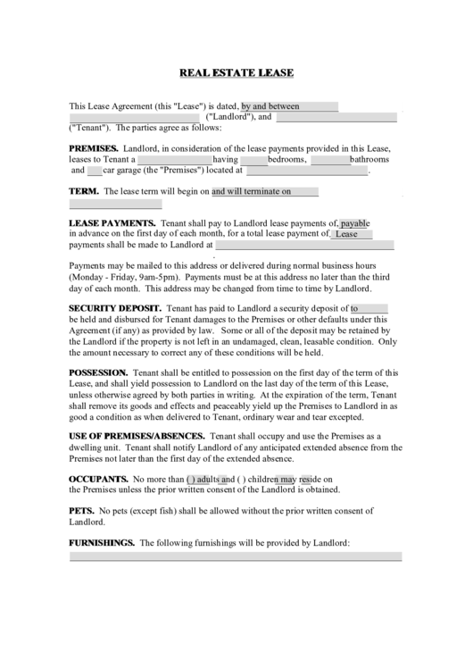 Fillable Real Estate Lease printable pdf download