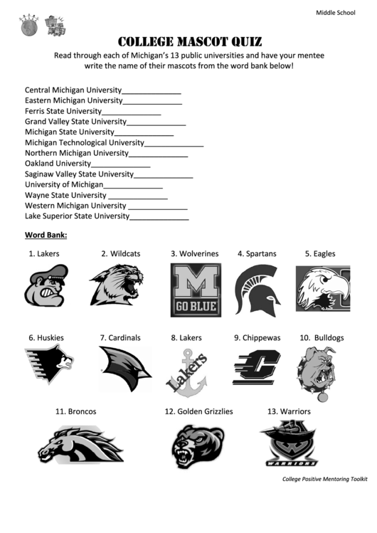 College Mascot Quiz printable pdf download