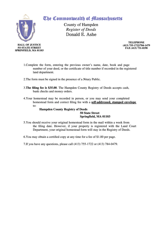 Fillable Declaration Of Homestead Hampden County Registry Of Deeds