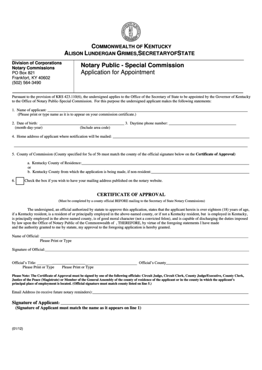 Fillable Notary Public Special Commission Application For Appointment