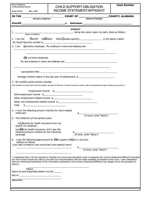 Child Support Obligation Statement Affidavit printable pdf download