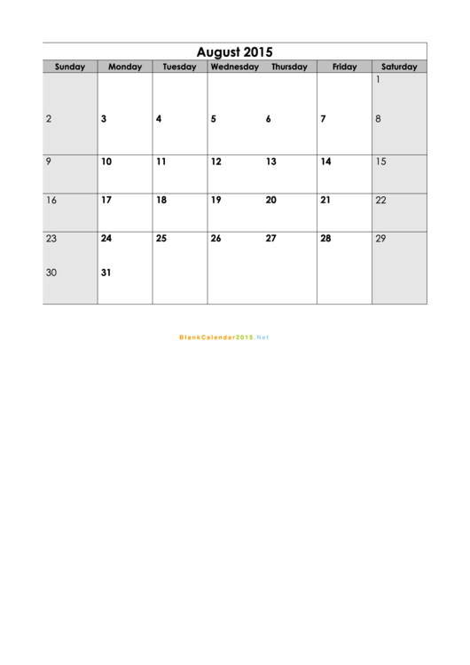 August 2015 Calendar Template printable pdf download