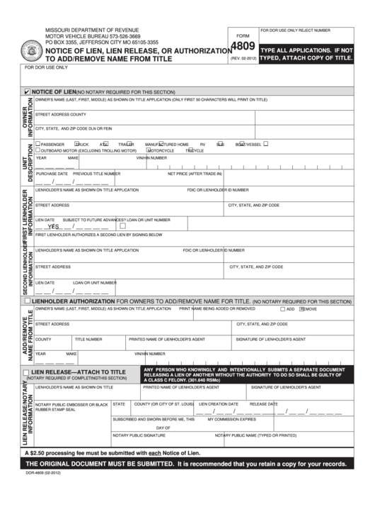 Fillable Notice Of Lien, Lien Release, Or Authorization To Add/remove