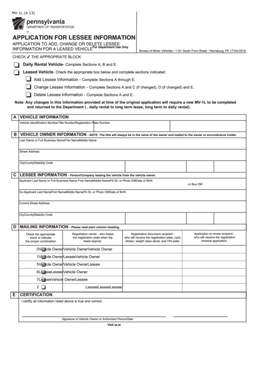 Fillable Form Mv1l Application For Lessee Information printable pdf(08)