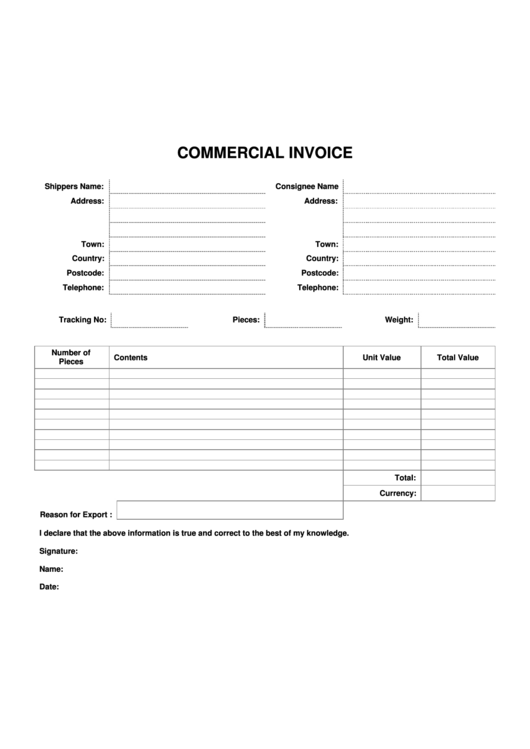 Commercial Invoice Template Short Form printable pdf download