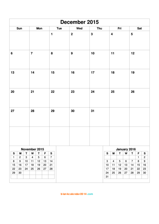 Calendar Template - December 2015 printable pdf download
