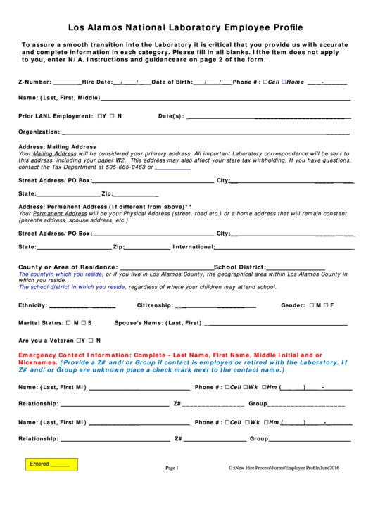 Los Alamos National Laboratory Employee Profile printable pdf download