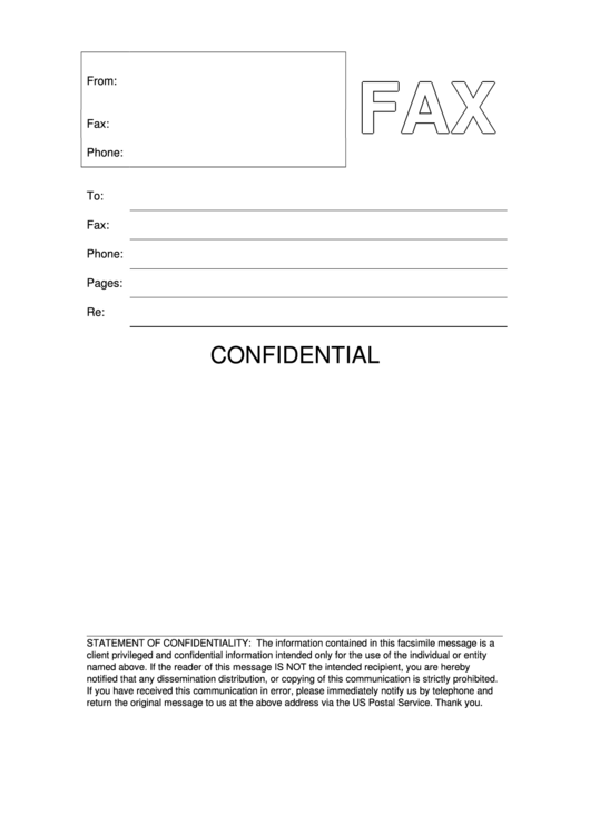 Blank Confidential Fax Cover Sheet printable pdf download