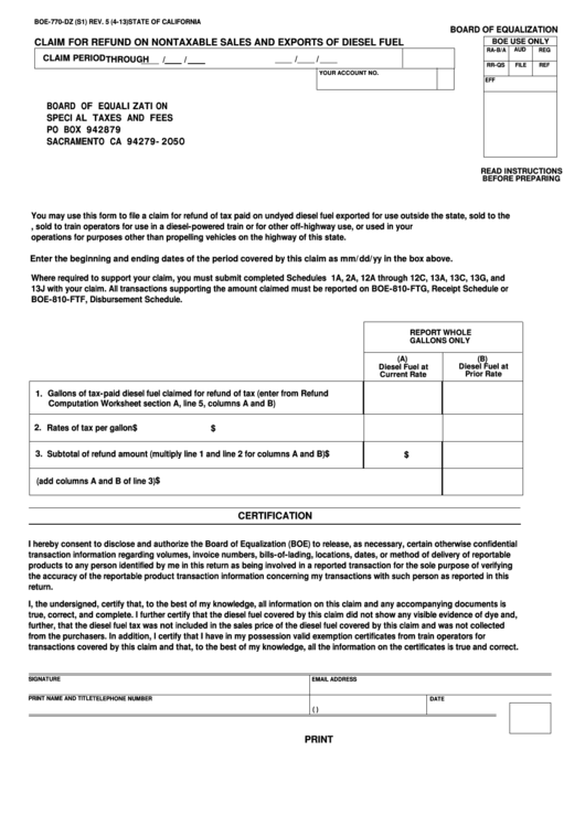Fillable Claim For Refund On Nontaxable Sales And Exports Of Diesel