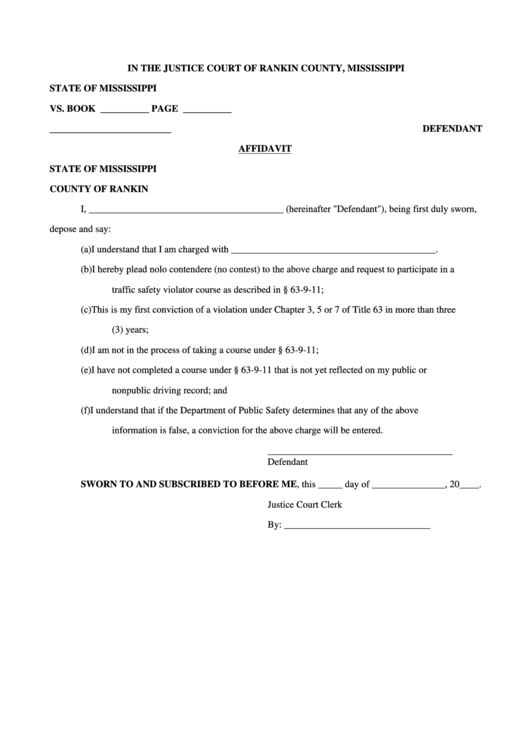 Affidavit In The Justice Court Of Rankin County, Mississippi printable