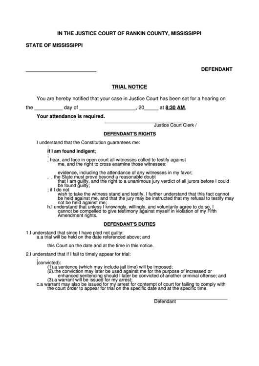 Trial Notice Justice Court Of Rankin County, Mississippi printable