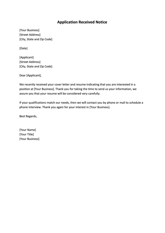 Application Received Notice printable pdf download