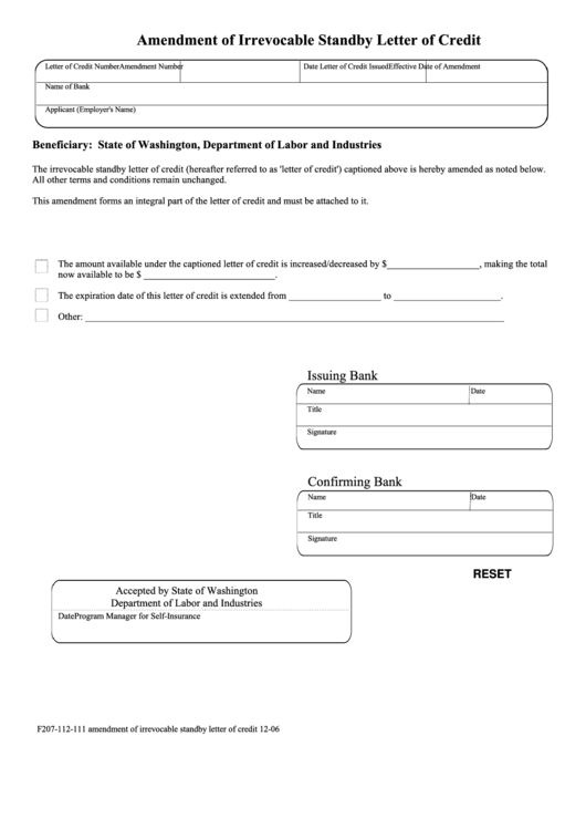 Fillable Amendment Of Irrevocable Standby Letter Of Credit printable