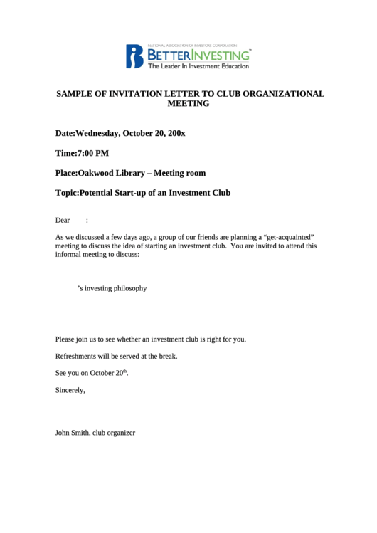 Sample Of Invitation Letter To Club Organizational Meeting printable