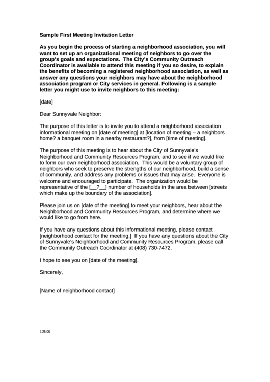 Sample First Meeting Invitation Letter printable pdf download