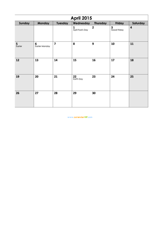 April 2015 Calendar Template printable pdf download