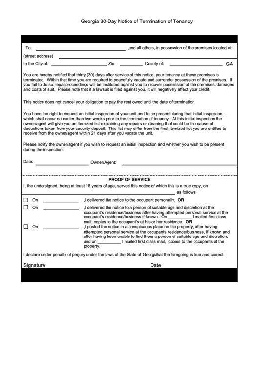 Fillable 30 Day Notice Of Termination Of Tenancy printable pdf