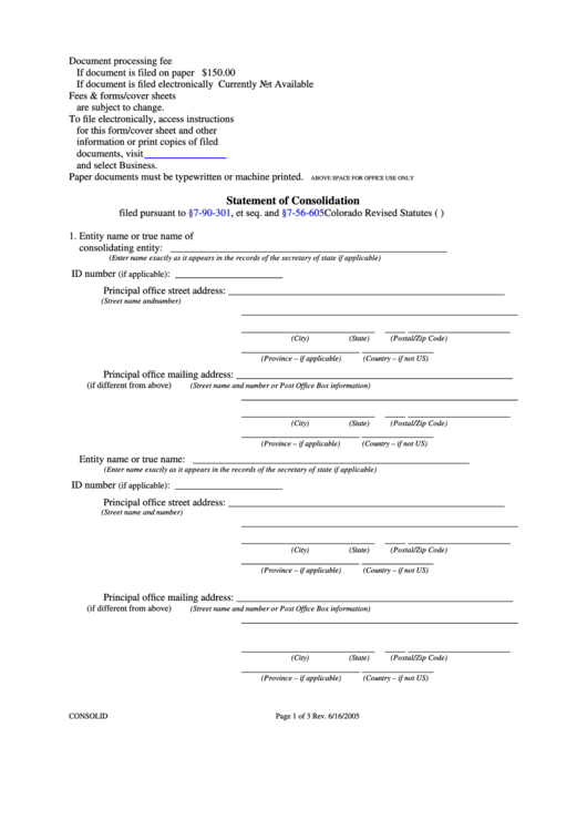 Fillable Statement Of Consolidation Form Colorado Secretary Of State