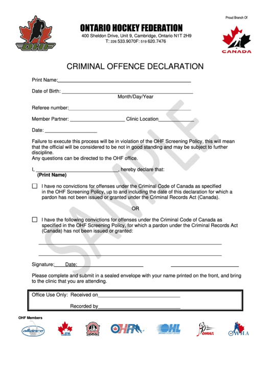 Ontario Hockey Federation Criminal Offence Declaration printable pdf