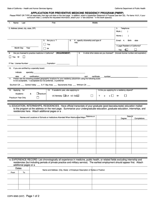 Fillable Application For Preventive Medicine Residency Program (Pmrp