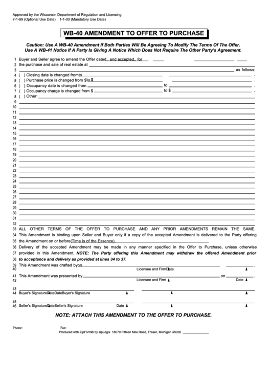 Fillable Wb40 Amendment To Offer To Purchase printable pdf download