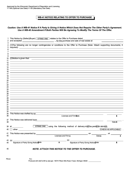 Fillable Form Wb41 Notice Relating To Offer To Purchase Wisconsin