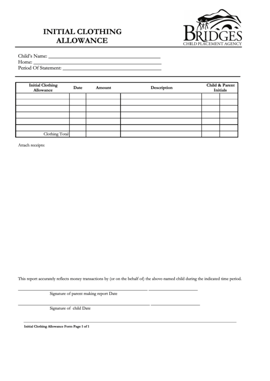 Bridges Initial Clothing Allowance printable pdf download