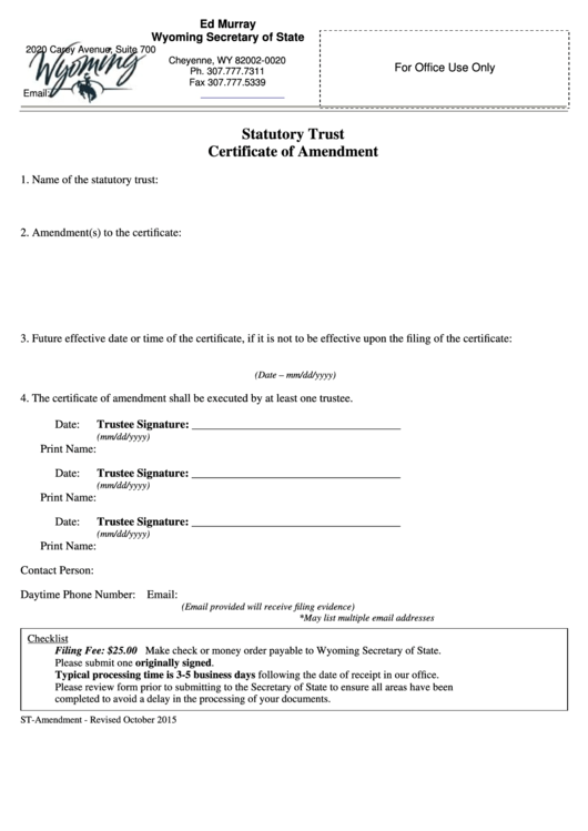 Fillable Statutory Trust Certificate Of Amendment Wyoming Secretary