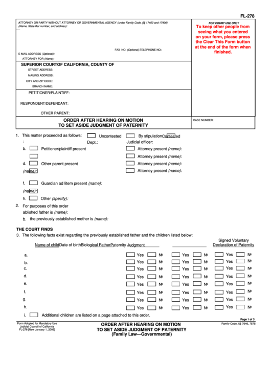 Fillable Order After Hearing On Motion To Set Aside Judgment Of Paternity printable pdf download