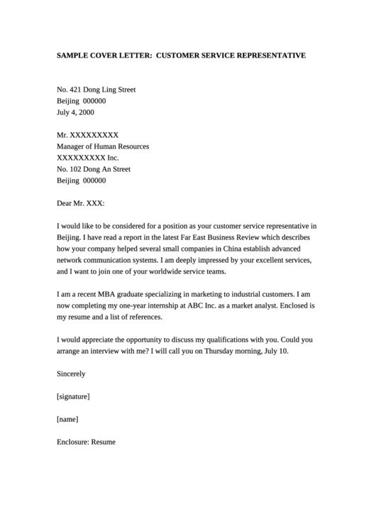 Customer Service Representative Sample Cover Letter printable pdf download