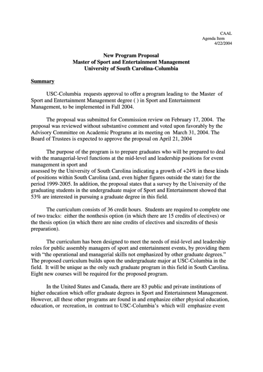 New Program Proposal Master Of Sport And Entertainment Management