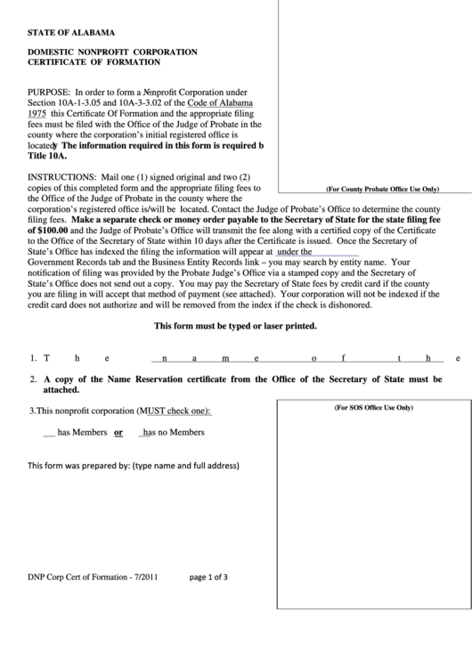Domestic Nonprofit Corporation Certificate Of Formation printable pdf