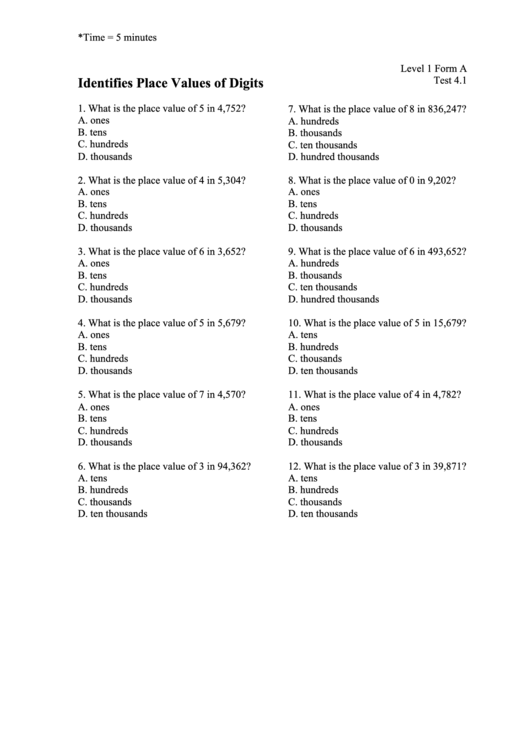 Identifying Place Values Of Digits printable pdf download