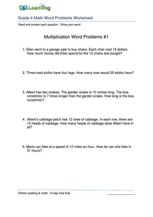 Grade 4 Math Word Problems Worksheet printable pdf download