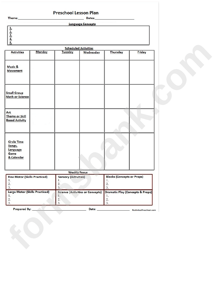 Preschool Lesson Plan printable pdf download