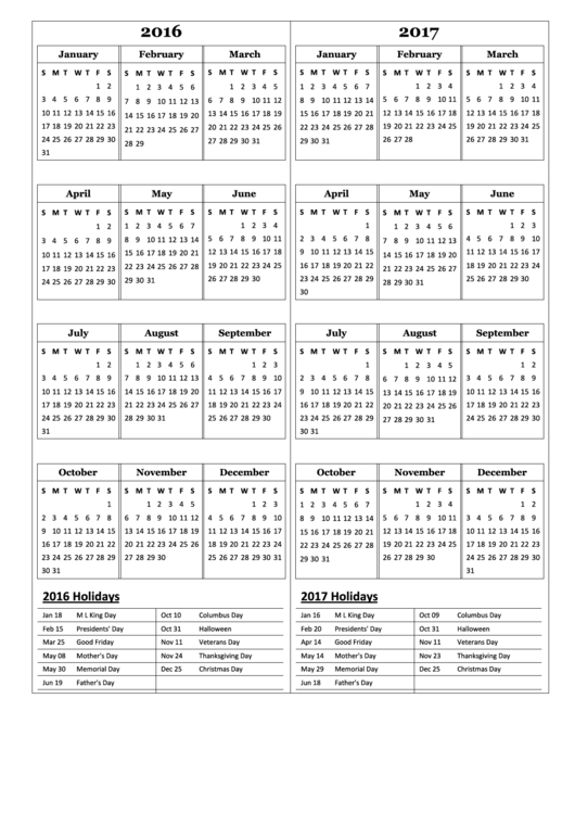 Yearly Calendar Template - 2016-2017 printable pdf download