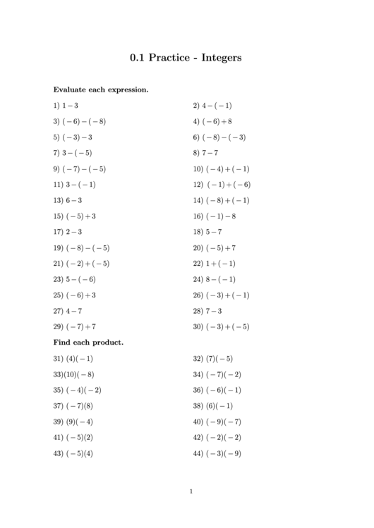 Integers Worksheet printable pdf download