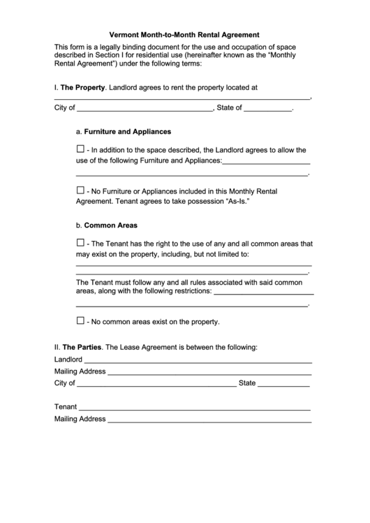 Fillable Vermont MonthToMonth Rental Agreement Template printable pdf