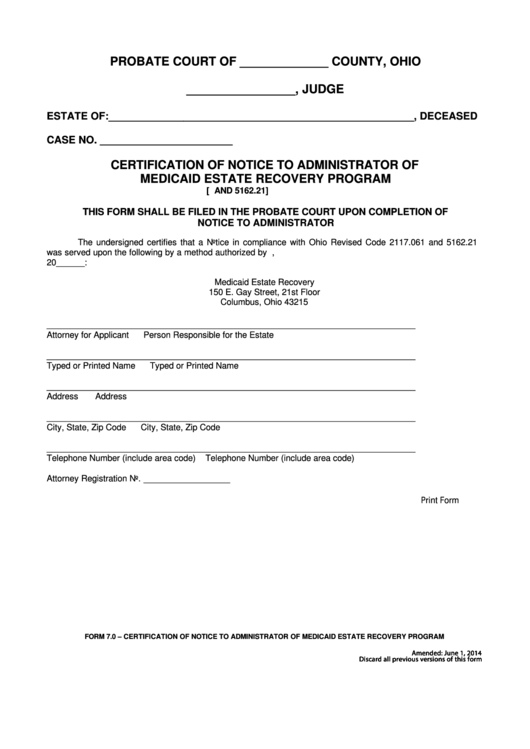 Fillable Certification Of Notice To Administrator Of Medicaid Estate Recovery Program printable