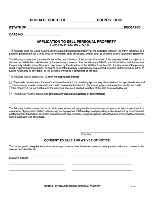 Fillable Form 9.0 Application To Sell Personal Property printable pdf