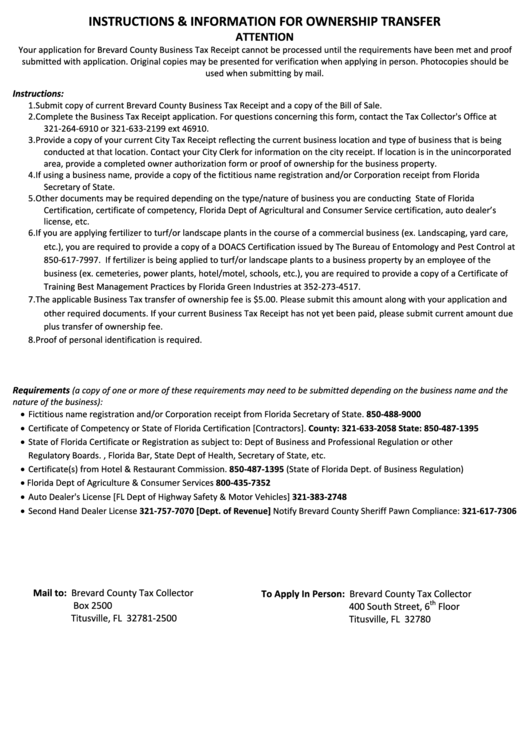 Application For Brevard County Business Tax Receipt