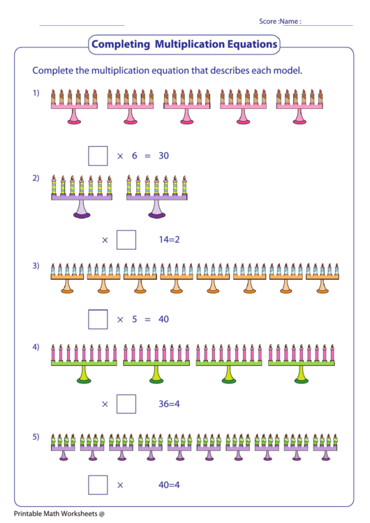 Completing Multiplication Equations printable pdf download