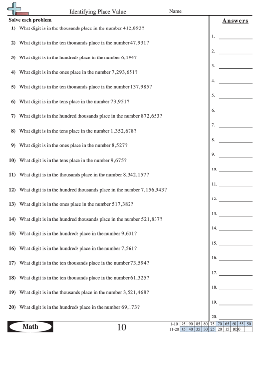 Identifying Place Value Worksheet With Answer Key printable pdf download