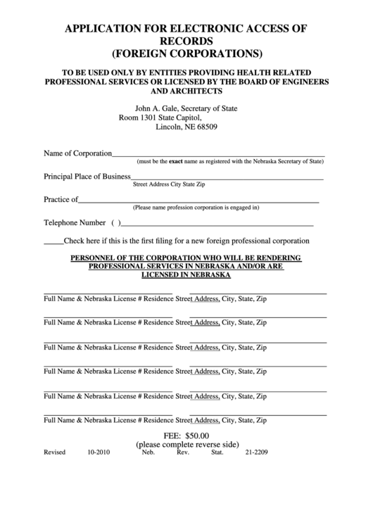 Fillable Application For Electronic Access Of Records (Foreign Corporations) 2010 printable