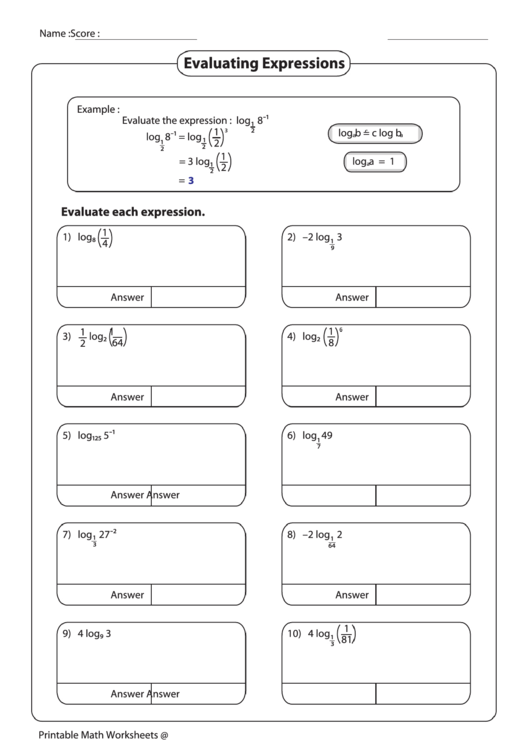 Evaluating Expressions Worksheet printable pdf download